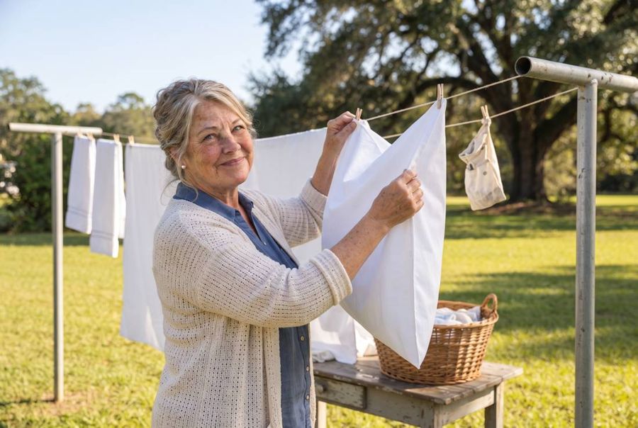 Hanging sheets in the sun